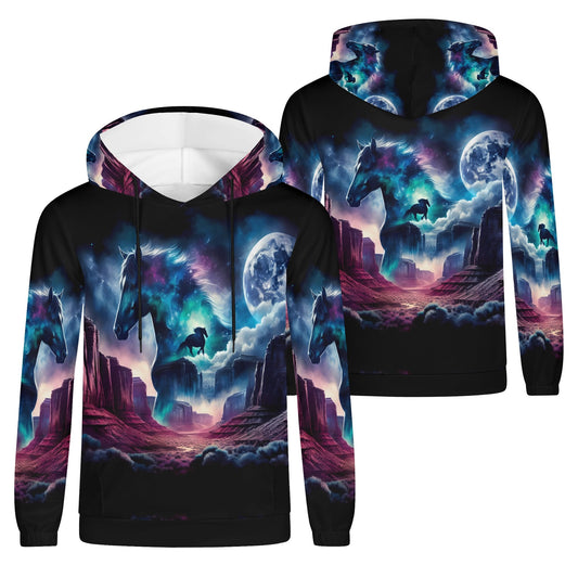 Wild West Wanderer poly french terry hoodie with vibrant night sky and horse graphics in unisex style
