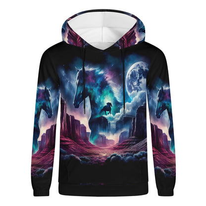 Wild West Wanderer poly french terry hoodie with vibrant horse and desert landscape design by Loud and Lethal