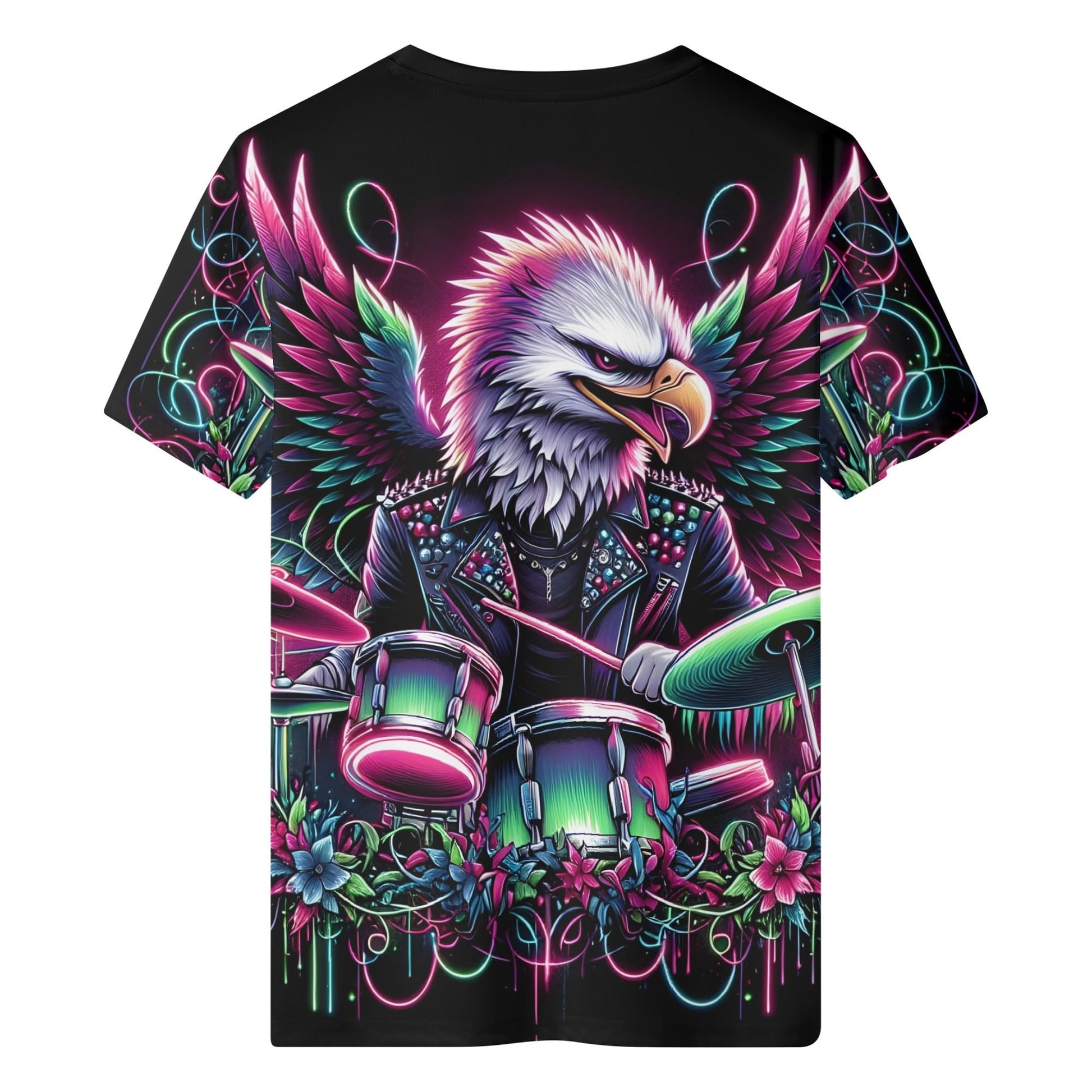 Wingbeat Rocker Organic Cotton Kids T-Shirt with colorful eagle playing drums design by Loud and Lethal
