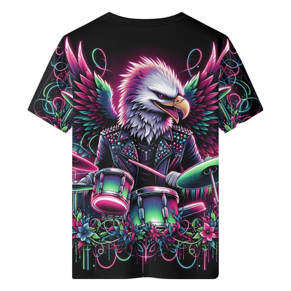 Wingbeat Rocker Organic Cotton Kids T-Shirt with colorful eagle playing drums design by Loud and Lethal