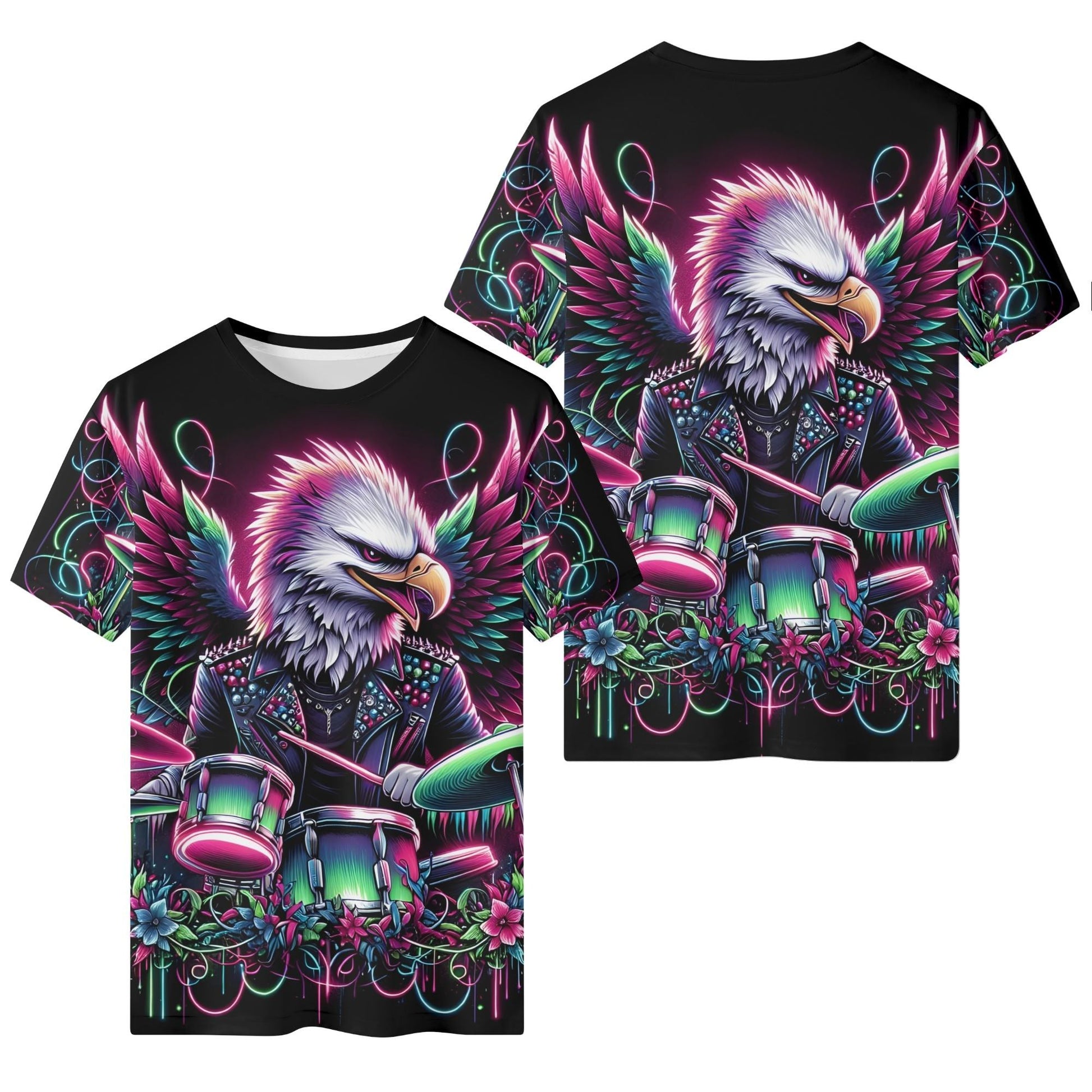 Wingbeat Rocker Organic Cotton Kids T-Shirt featuring vibrant eagle playing drums design on black background