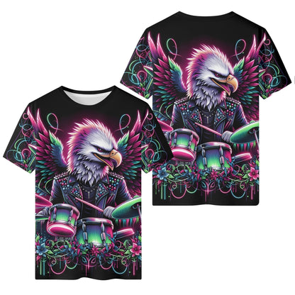 Wingbeat Rocker Organic Cotton Kids T-Shirt featuring vibrant eagle playing drums design on black background