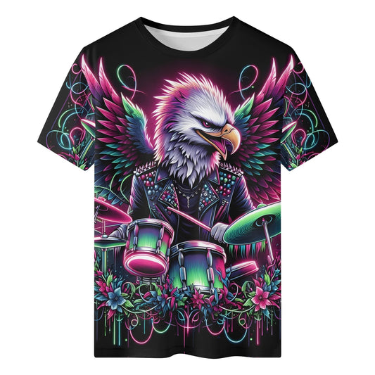 Wingbeat Rocker Organic Cotton Kids T-Shirt with colorful eagle playing drums graphic