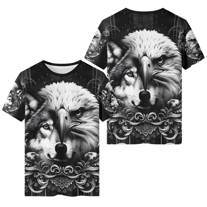 Loud and Lethal Wolf and Wings 100 Cotton T-Shirt featuring detailed wolf and eagle face design