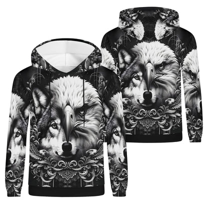 Wolf and Wings Cotton Terry Hoodie by Loud and Lethal featuring detailed black and white wolf and eagle design