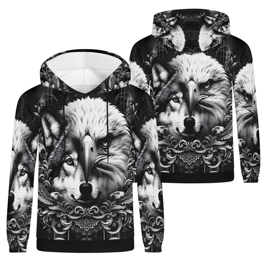 Wolf and Wings Cotton Terry Hoodie by Loud and Lethal featuring detailed black and white wolf and eagle design