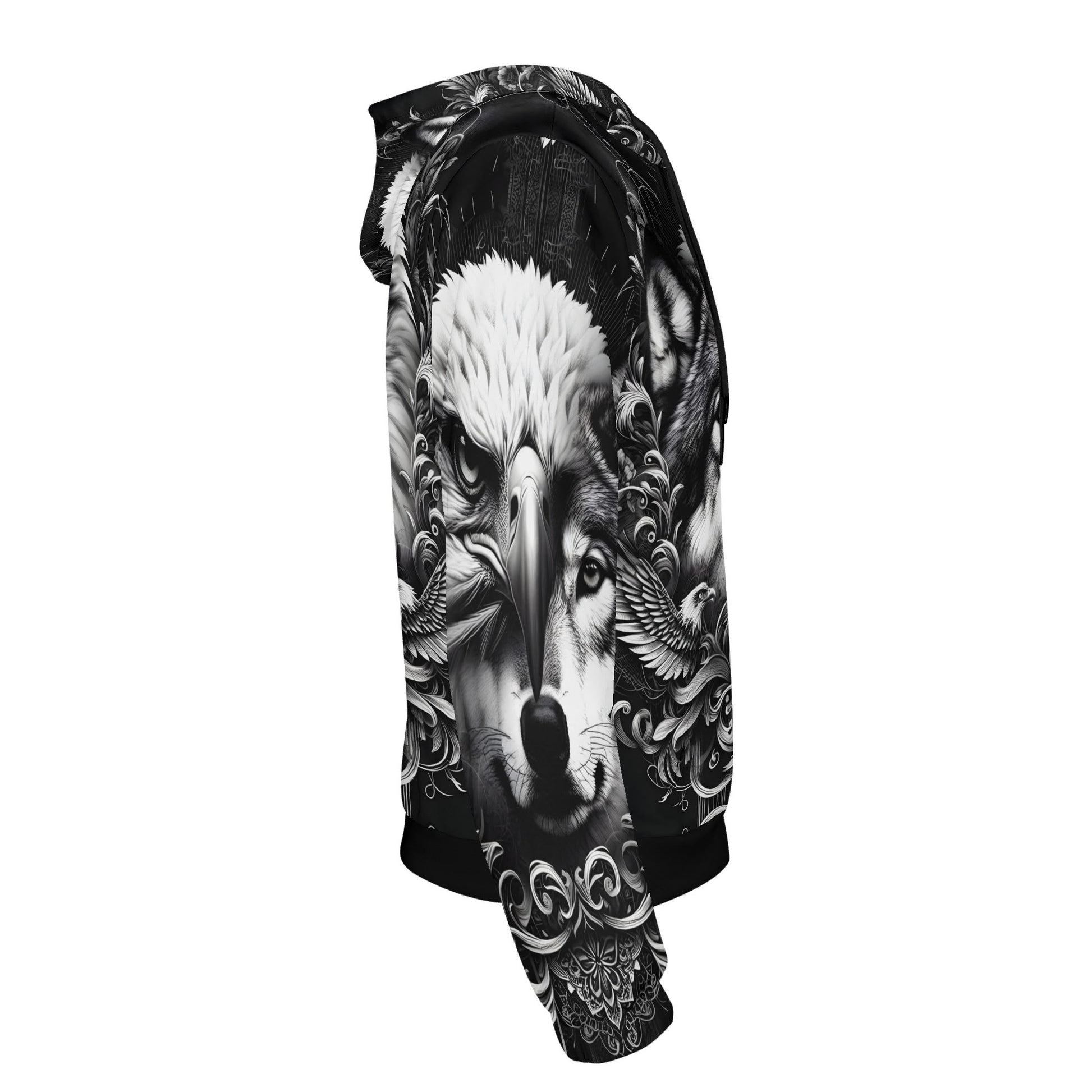 Black and white Wolf and Wings Cotton Terry Hoodie with eagle and wolf graphic design on sleeve