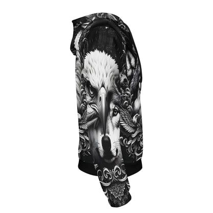 Black and white Wolf and Wings Cotton Terry Hoodie with eagle and wolf graphic design on sleeve