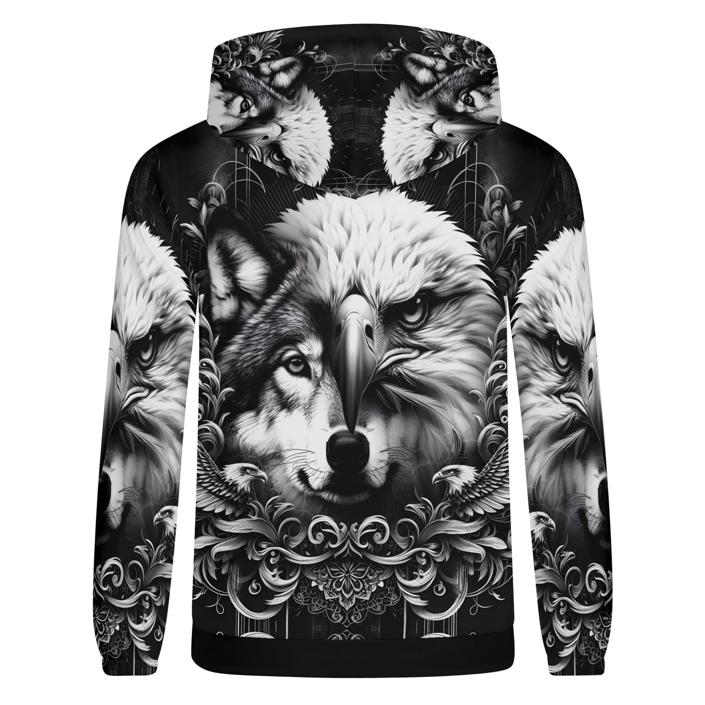 Wolf and Wings Poly French Terry Hoodie by Loud and Lethal with black white eagle and wolf graphic design