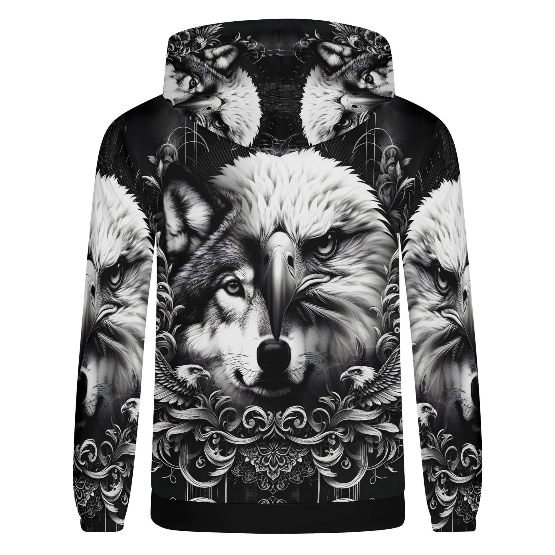 Wolf and Wings Poly French Terry Hoodie by Loud and Lethal with black white eagle and wolf graphic design