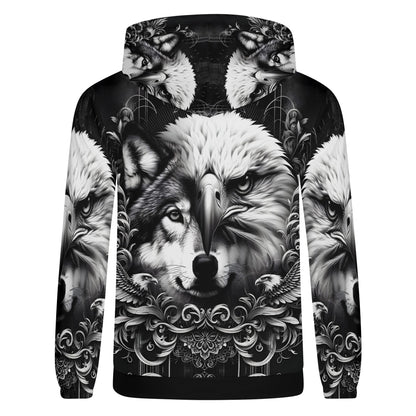 Wolf and Wings Poly French Terry Hoodie by Loud and Lethal with black white eagle and wolf graphic design