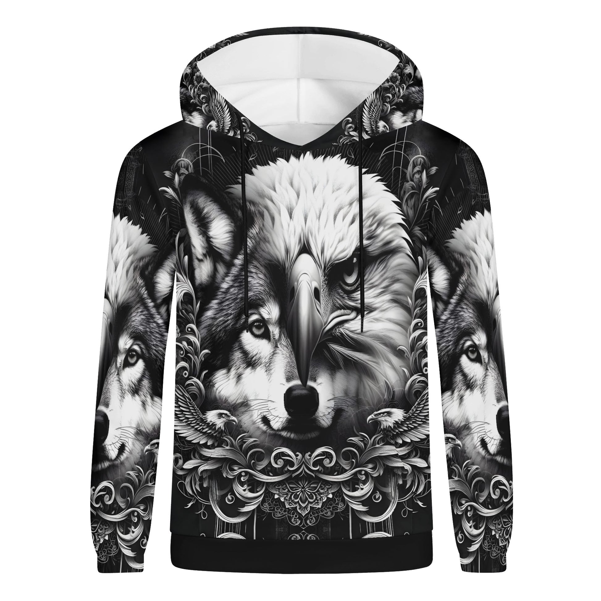 Wolf and Wings Poly French Terry Hoodie by Loud and Lethal featuring detailed black and white wolf and eagle design