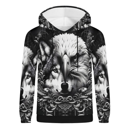 Wolf and Wings Poly French Terry Hoodie by Loud and Lethal featuring detailed black and white wolf and eagle design