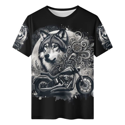 Loud and Lethal Wolf Rider 100 Cotton T-Shirt with black motorcycle and wolf design
