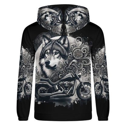 Wolf Rider poly french terry hoodie with wolf and motorcycle graphic design in black and gray tones