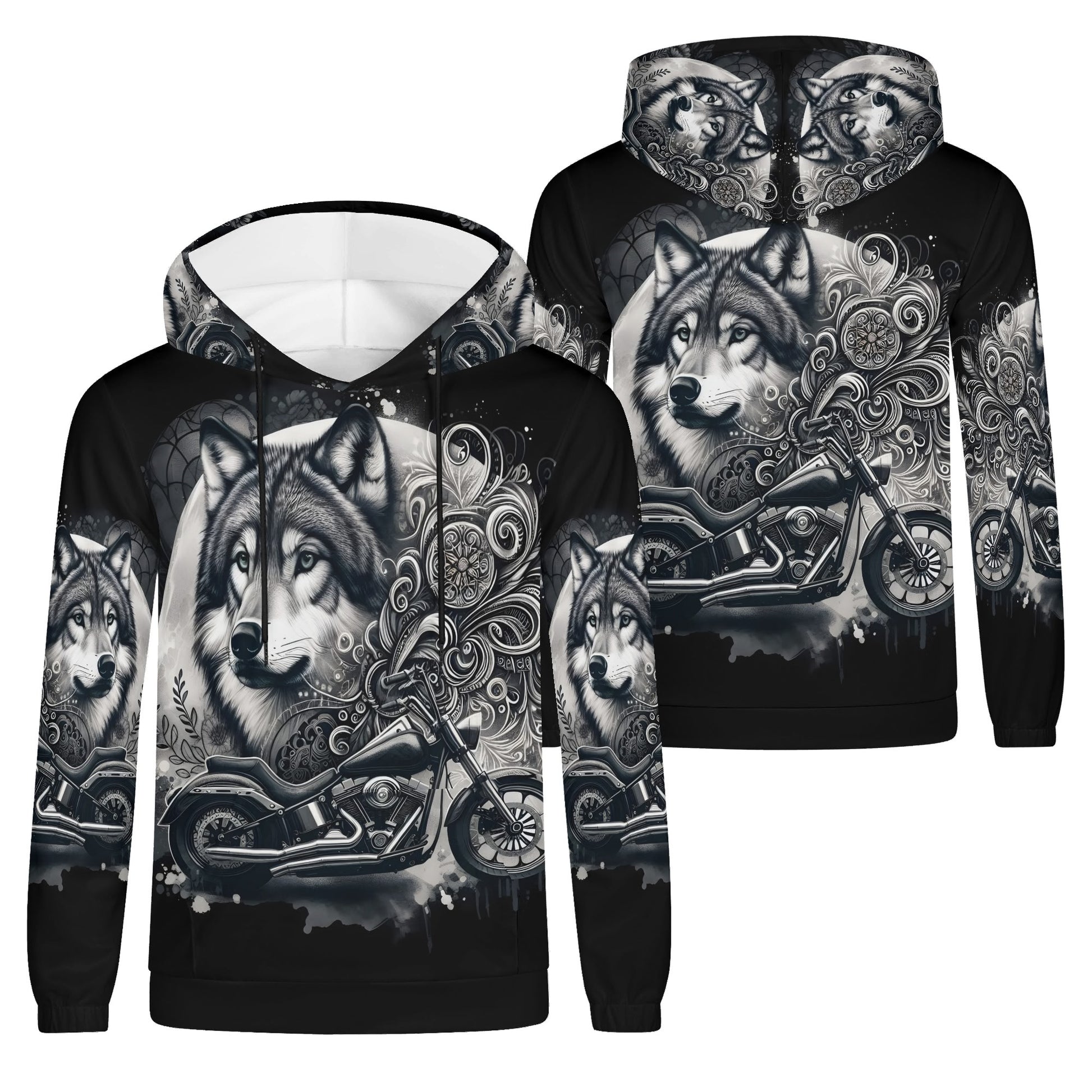 Wolf Rider poly french terry hoodie by Loud and Lethal featuring detailed wolf and motorcycle graphic on black unisex hoodie
