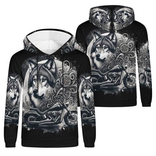 Wolf Rider poly french terry hoodie by Loud and Lethal featuring detailed wolf and motorcycle graphic on black unisex hoodie