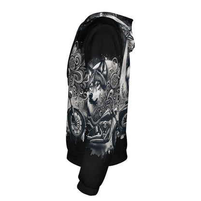 Side view of Wolf Rider poly french terry hoodie by Loud and Lethal with wolf and motorcycle design