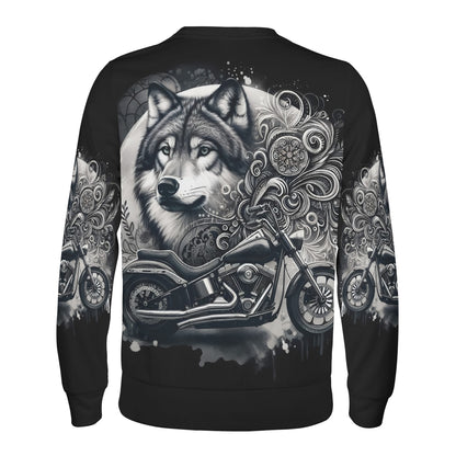 Wolf Rider Poly French Terry Sweatshirt by Loud and Lethal unisex black sweater with wolf portrait and motorcycle graphic
